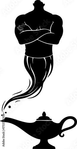 Mystical genie emerging from ancient magic lamp, granting wishes and conjuring dreams with powerful ethereal smoke