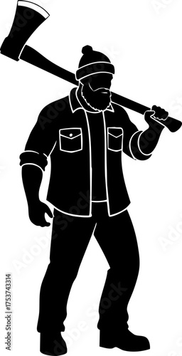 Rugged lumberjack confidently carries axe over shoulder, embodying strength and outdoor adventure in a bold silhouette style.