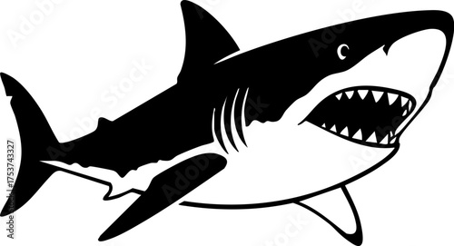 Fierce predatory shark with open jaws and sharp teeth, a powerful symbol of danger and marine strength, perfect for dynamic designs.
