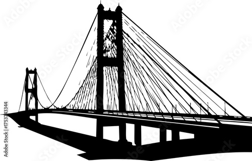 Majestic suspension bridge silhouette symbolizing connection, progress, and architectural marvels against a clean backdrop.