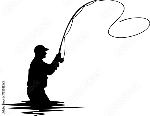 Dynamic angler skillfully casting line in tranquil water, capturing the essence of outdoor adventure and peaceful pursuit.