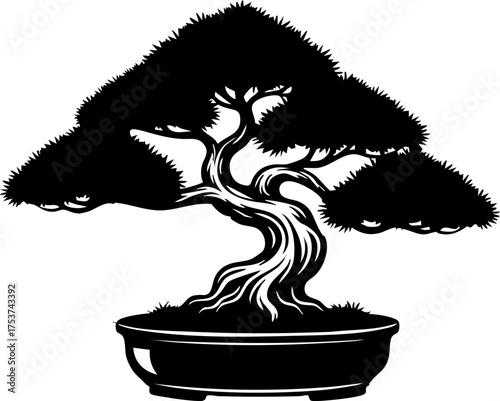 Discover tranquility with this elegant black and white silhouette of a meticulously sculpted bonsai tree, symbolizing patience and harmony for modern decor.