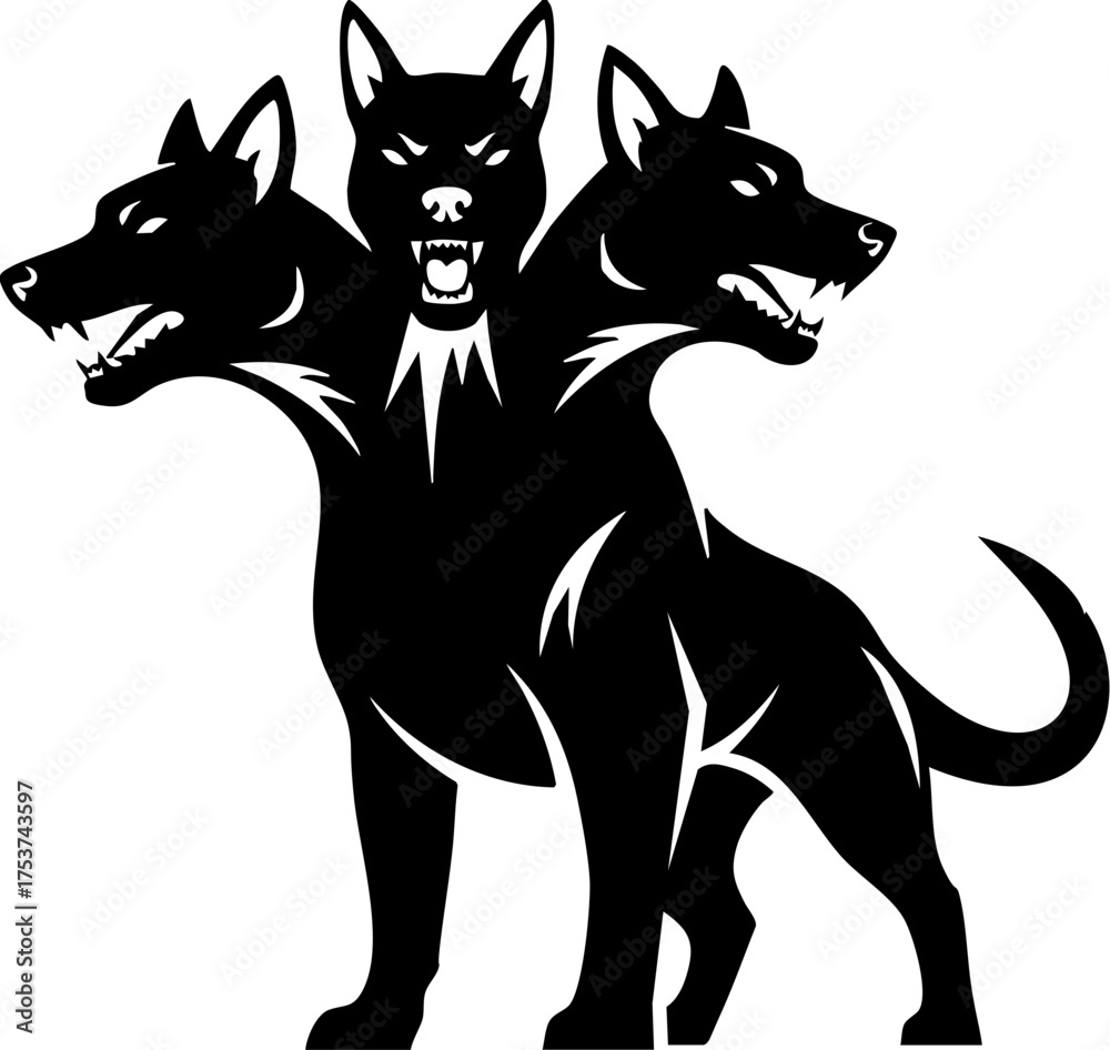 Obraz premium Fierce three headed dog guarding underworld with intense gaze and bared teeth, powerful mythological creature silhouette ready for action