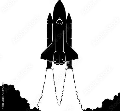 Dynamic space shuttle launching with powerful exhaust flames and clouds, igniting adventure and exploration for future missions.