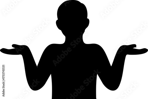 Uncertain person shrugging shoulders, conveying confusion, indecision, or lack of knowledge with open palms in a simple, modern silhouette