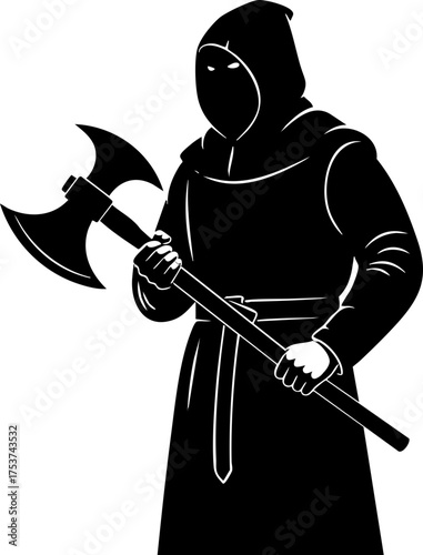 Fearsome hooded executioner holding a menacing double-bladed battle axe ready for action, evoking medieval danger and historical dread.