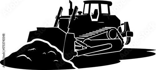 Powerful bulldozer pushing earth, essential for construction and heavy industry projects, symbolizing progress and development