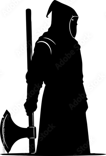 Mysterious executioner silhouette holding large axe, embodying historical power and grim justice, perfect for dramatic storytelling.