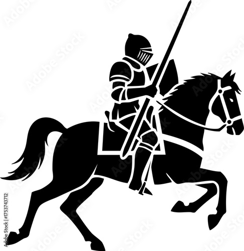Brave knight in full armor charges forward on horseback with lance held high, embodying courage and medieval valor for historical or fantasy themes.