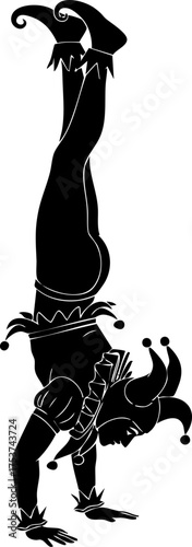 Dynamic jester in silhouette performs an acrobatic handstand, showcasing agility and playful performance art with a touch of theatrical flair