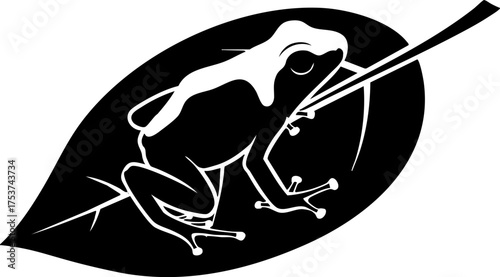 Sleek black and white illustration of a stylized frog perched on a bold leaf, perfect for nature branding and minimalist designs.