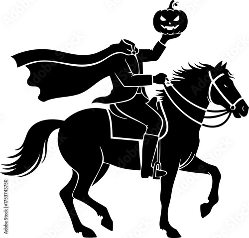 Spooky headless horseman with jack o'lantern rides dramatically through the night, perfect for Halloween celebrations and eerie storytelling.
