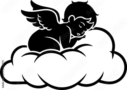 Adorable sleeping cherub rests peacefully on fluffy cloud, conveying innocence, dreams, and heavenly serenity for divine projects.