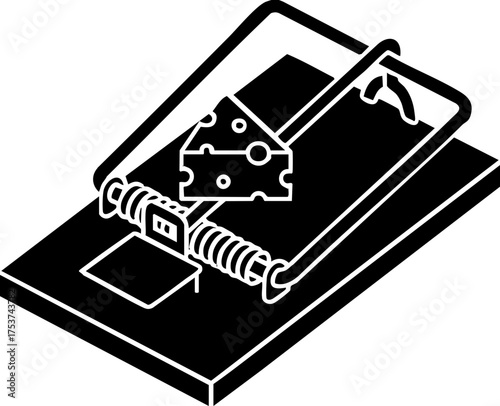 Clever mouse trap baited with tempting cheese ready to catch unsuspecting prey in a stark, illustrative style