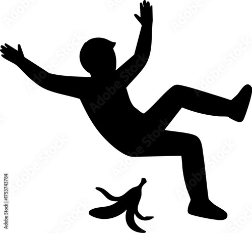 Dynamic silhouette of a person slipping dramatically on a banana peel, conveying unexpected accidents and humorous mishaps