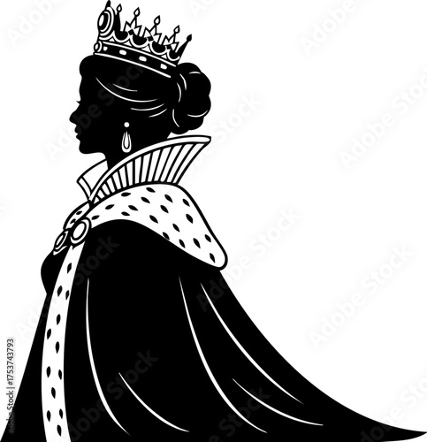 Elegant queen silhouette wearing ornate crown and regal cape, exuding power and timeless majesty in a sophisticated profile view.