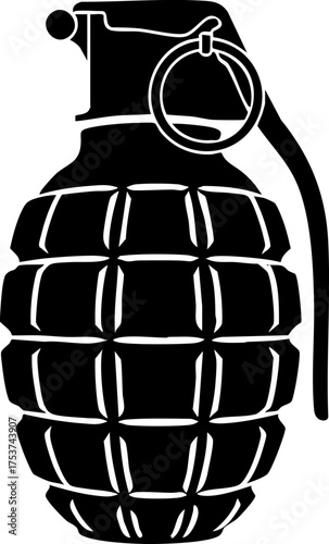 Striking silhouette of a classic hand grenade, a powerful symbol of conflict, danger, and explosive force, perfect for impactful designs.