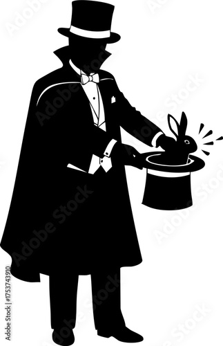 Mysterious magician conjures rabbit from top hat, creating wonder and surprise with dramatic flair and classic illusion