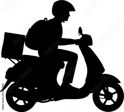 Dynamic delivery person on scooter with insulated bag, conveying speed and efficient service for modern logistics and urban transport needs.