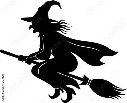 Mystical witch silhouette soaring on broomstick under moonlit sky, perfect for Halloween decorations and spooky designs