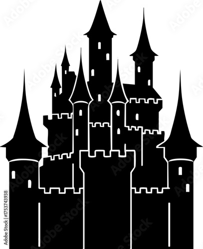 Majestic black silhouette of a fairytale castle with multiple spires and towers evoking fantasy and enchantment for storybook designs