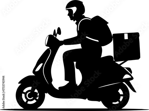 Dynamic delivery rider on scooter with insulated backpack, swiftly transporting goods in urban setting, symbolizing speed and efficiency for modern logistics.
