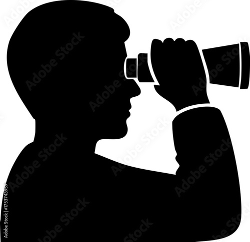 Confident professional using binoculars to discover new opportunities, symbolizing foresight, strategy, and ambitious exploration for business growth.