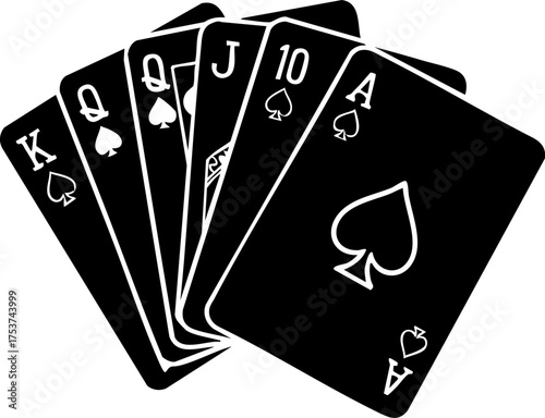 Winning royal flush hand of spades poker cards, symbolizing success, luck, and high stakes gambling excitement for casino games and strategy concepts.