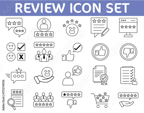 Customer Review and Feedback Line Art Icon Set. Star Rating, Satisfaction Survey, E-commerce, and Quality Appraisal Vector Symbols.