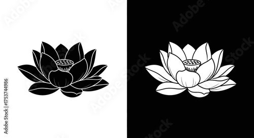 A graphic illustration of a lotus flower in two contrasting versions, black on a white background and its negative white on a black background.