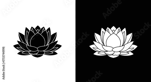 A black and a white lotus flower icon on contrasting backgrounds, symbolizing duality, balance, and purity.