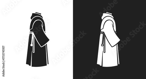 Black and white graphic illustrations of a traditional monk's hooded robe, shown in profile as positive and negative icons.