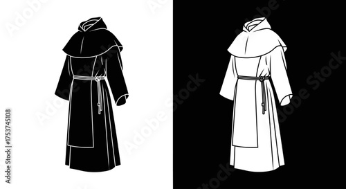 A traditional hooded monk's robe with a rope belt, shown as a black silhouette and a white outline.