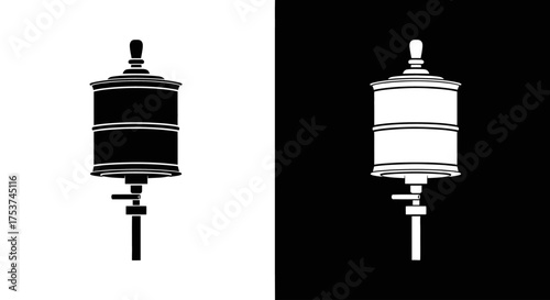 A black and white graphic illustration of a vintage beverage dispenser or samovar with a spigot, shown in inverse colors.
