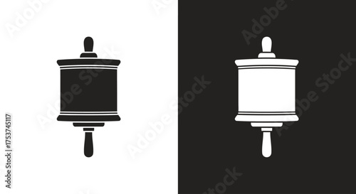 A minimalist black and white icon of a sacred Jewish Torah scroll, presented in positive and negative on a split background.