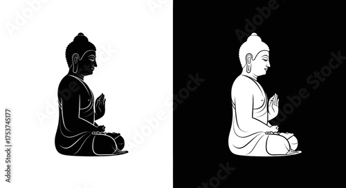 Minimalist black and white illustrations of Buddha meditating in the lotus position, shown in positive and negative space.