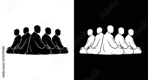 A serene black and white illustration of six monks sitting in a row for group meditation.