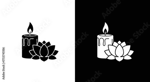 A minimalist icon of a lit candle with melting wax and a lotus flower, symbolizing peace, spirituality, and relaxation.