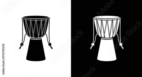 Black and white silhouette icons of an African djembe hand drum on a split background.
