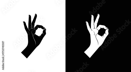 A black hand silhouette on a white background and a white hand on a black background making the OK gesture.