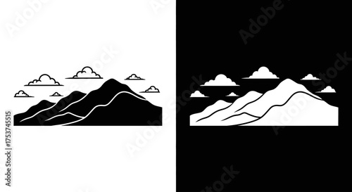 A minimalist black and white graphic of a mountain range with clouds, shown in both positive and negative variations.