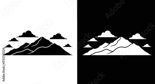 A minimalist black and white graphic icon of a mountain range silhouette with clouds, shown in both positive and negative space.