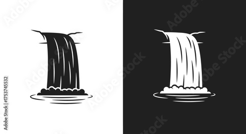 A set of two monochrome waterfall icons, one black on white and one white on black, depicting a simple, stylized cascade.