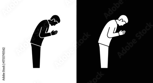 A black and white icon set of a man bowing deeply in a gesture of respect, greeting, or apology.