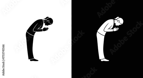 A black and white icon set of a person bowing deeply with hands clasped in a gesture of respect.