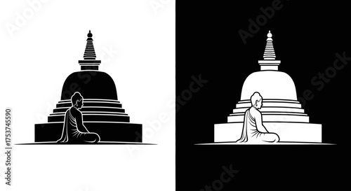 A serene Buddhist monk in deep meditation sits before a sacred stupa in a black and white graphic.