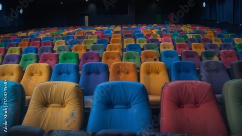 Colorful cinema seats are ready for moviegoers in a vibrant theater atmosphere. 4k video