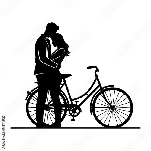 Couples hugging vector art of silhouette of a couple in love embracing each other next to a bicycle