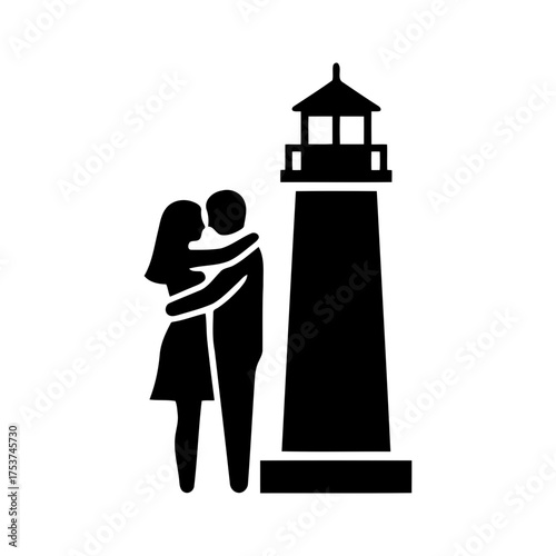 Couples hugging vector art of couple embracing near a lighthouse in silhouette