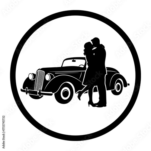 Couples hugging vector art of couple kissing near vintage car